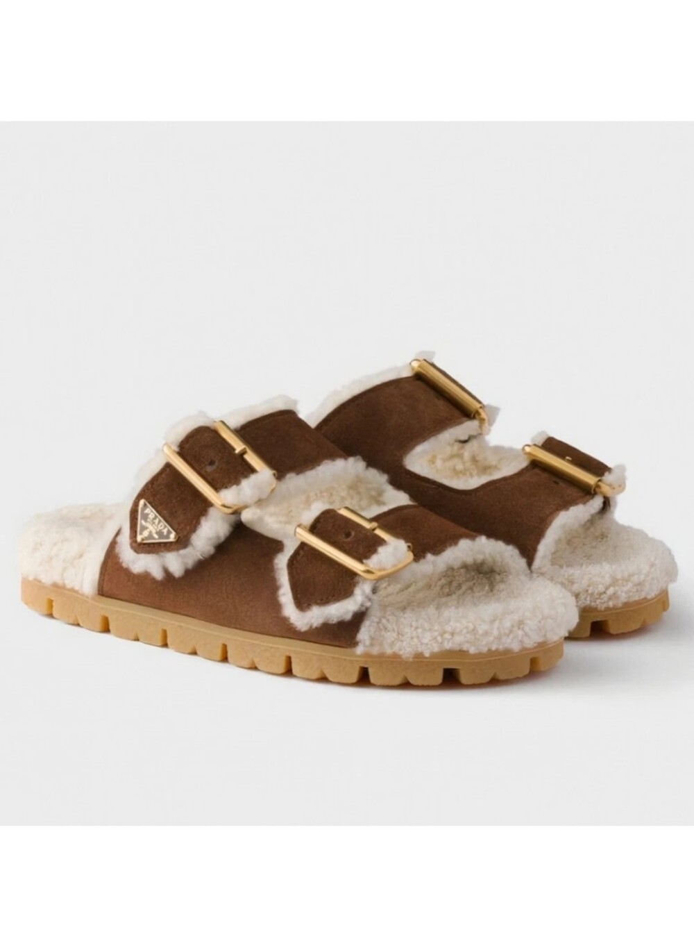 $1,220 Prada Suede and Shearling Brown Logo Slides Shoes EU 37.5 US 7.5 BNIB